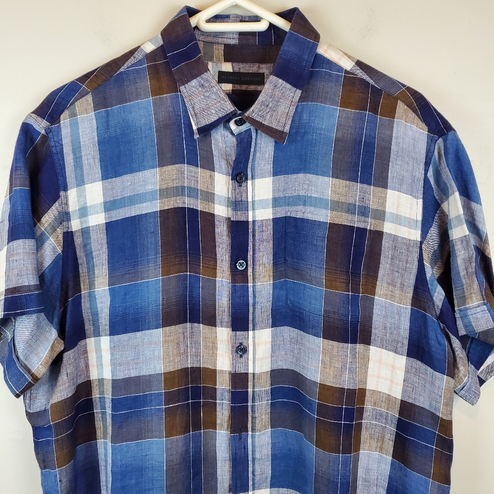Patrick Assaraf Blue Plaid 100% Linen Short Sleeve Button Up Shirt Size XL Mens